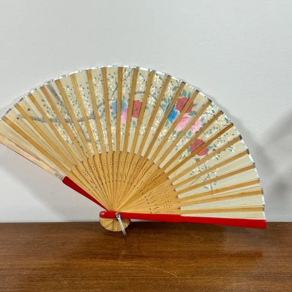 Vintage Japanese Folding Hand Fan Hand Painted Floral Bamboo Silver Trim Wall